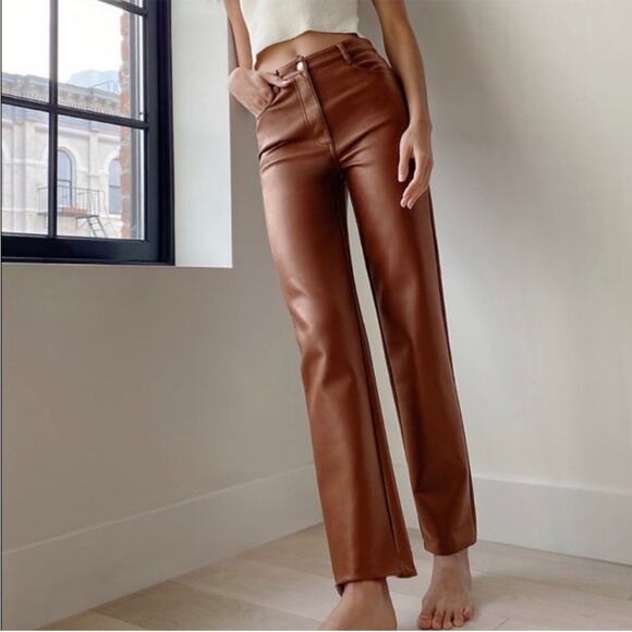 Wilfred Pants - Aritzia Wilfred Melina High Rise Straight Leg Vegan Leather Pants Brown Size 00